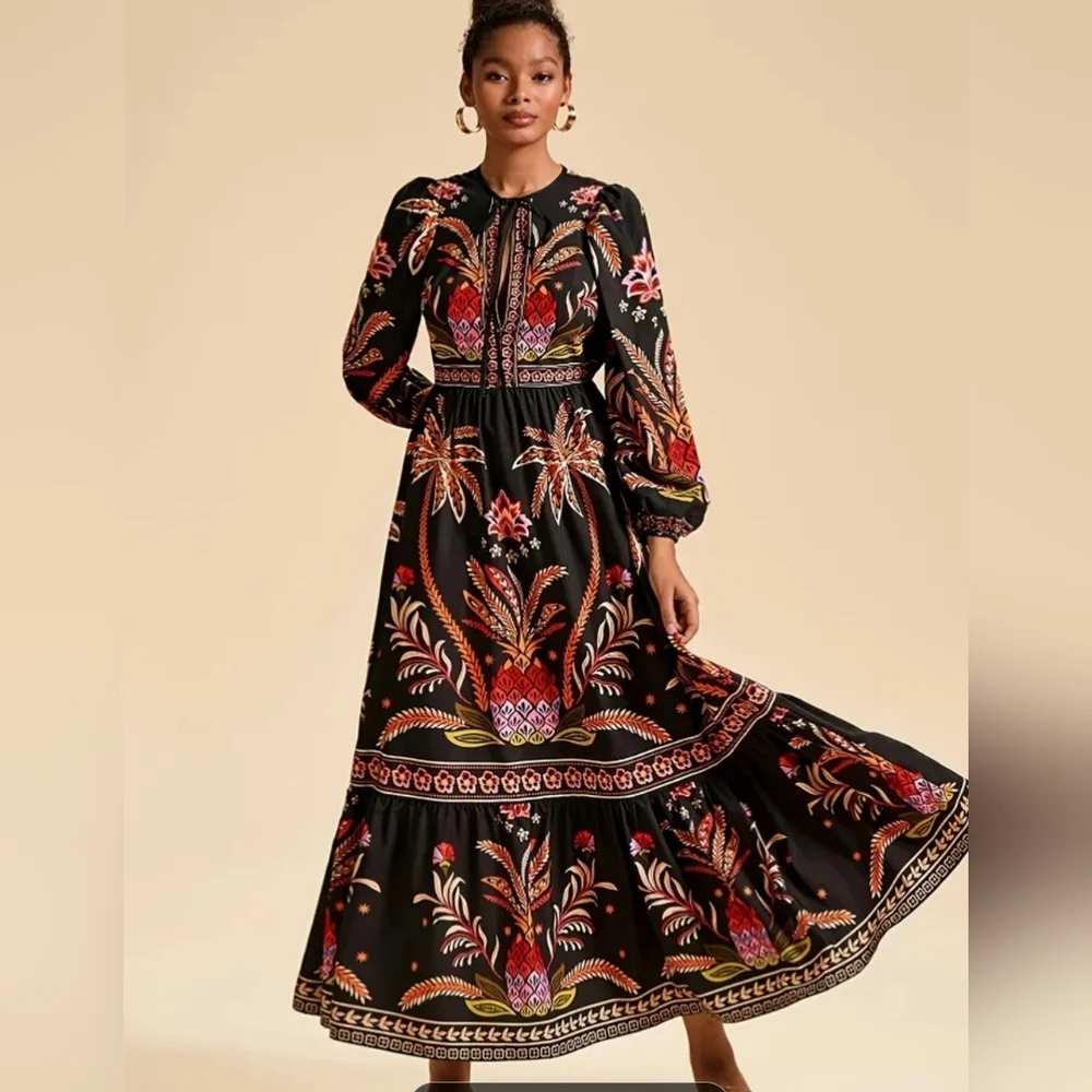 Black Floral Maxi Dress with Long Sleeves - Picture 4 of 10